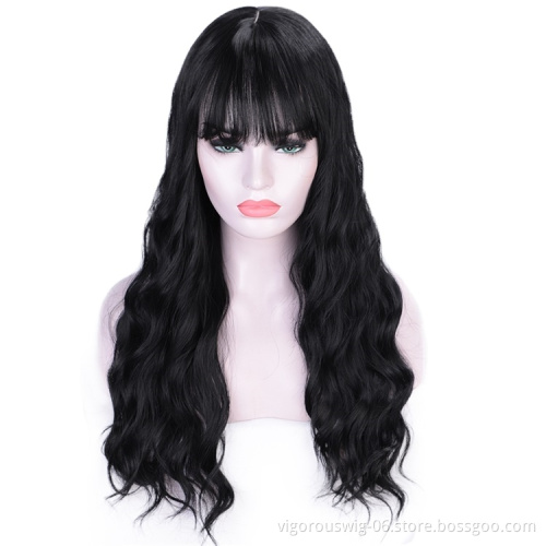 Vigorous Water Wave Synthetic Hair Wigs Black Long Wigs with Bangs For Women Cosplay Middle Part Pink Black Purple Brown Wig